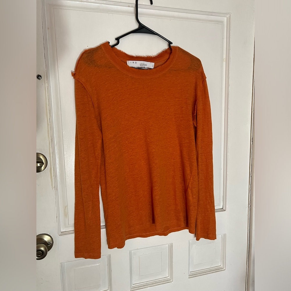 IRO Paris Orange Knit Long Sleeve Knit with Frayed Edges Sweater